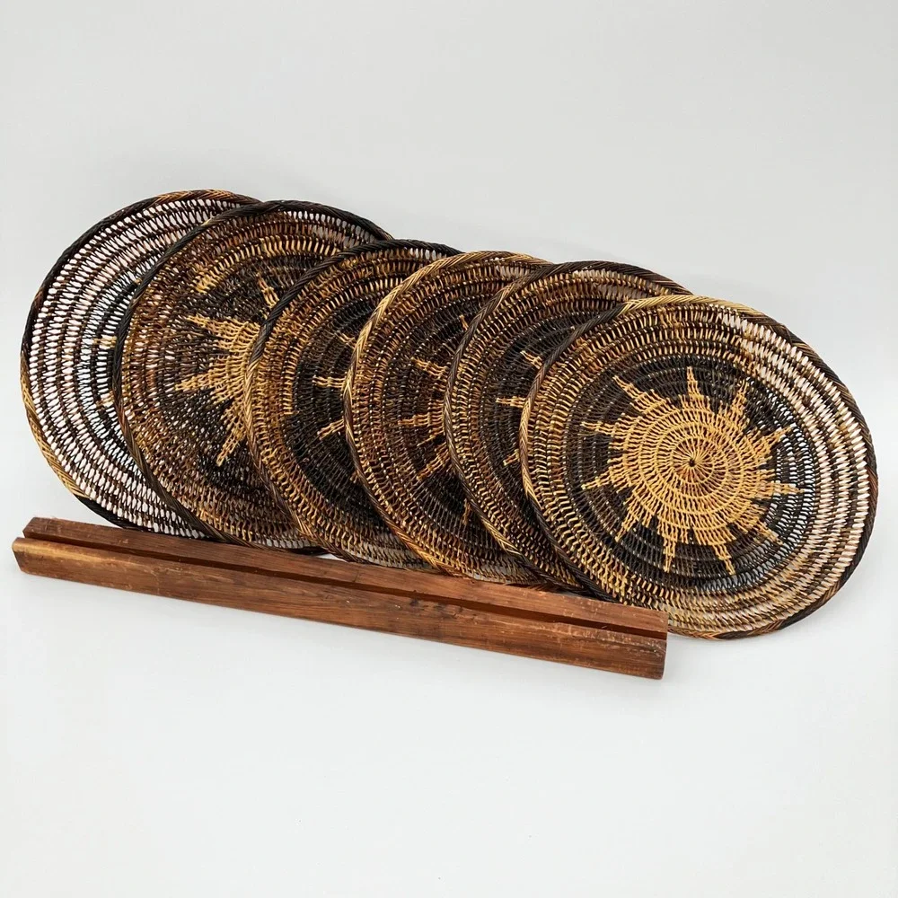 Vintage Woven Rattan Plate Chargers 12 Inch Brown Sunburst Wall Decor Set of 6